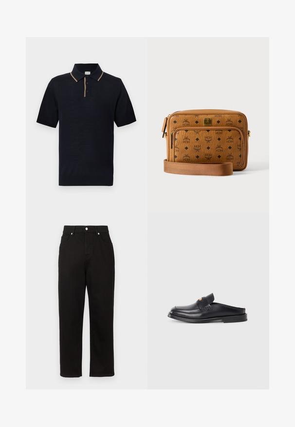 Marineblaue Polohemd mit kurzen Ärmeln, drei Knöpfen und dünnen mehrfarbigen Streifen am Kragen und an der Knopfleiste.; Schwarze Denim-Hosen mit geradem Bein, hohem Bund, vorderen Taschen und silbernem Zubehör am Bund.; Schwarzer Leder Slipper mit runder Zehe, niedrigem Absatz und geflochtenem Designdetail im Obermaterial. Zeichnet sich durch minimalistisches Styling und glatte Textur aus.; Hellbraune Leder-Umhängetasche mit schwarzen MCM-Logos, Front-Reißverschlusstasche, goldfarbener Plakette und verstellbarem Stoffriemen auf weißem Hintergrund.