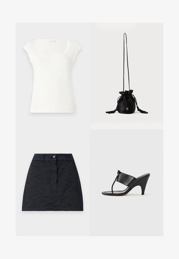 T-shirt blanc à manches courtes en coton doux. Présente un col rond et une coupe décontractée. Étiquettes attachées à l'arrière.; Jupe noire à motif texturé, dotée d'une fermeture à boutons sur le devant, de deux poches et d'une coupe ajustée. Fabriquée en tissu durable.; Sandale noire à talon haut avec une large bride avant et une boucle d'orteil dotée d'un détail de corde nouée, vue de profil sur fond blanc.; Sac seau noir à cordon avec une longue sangle fine et un petit logo carré doré sur le devant, présenté sur un fond uni.