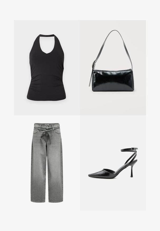 Μαύρο τοπ χωρίς μανίκια με halter neck, εφαρμοστή μέση και ελαφρύ σούρωμα στα πλάγια, εμφανίζεται σε απλό φωτεινό φόντο.; Πλατιά γκρι τζιν παντελόνια με ελαστική μέση και μπροστινές τσέπες. Το ύφασμα έχει ελαφριά υφή και ξεθωριασμένη εμφάνιση.; Μαύρη γόβα μυτερή με λεπτά λουράκια στον αστράγαλο και ασημένια πόρπη σε απλό ανοιχτό φόντο.; Μαύρη ορθογώνια τσάντα ώμου με έναν ρυθμιζόμενο ιμάντα και κλείσιμο με φερμουάρ στην κορυφή σε μονόχρωμο φόντο.