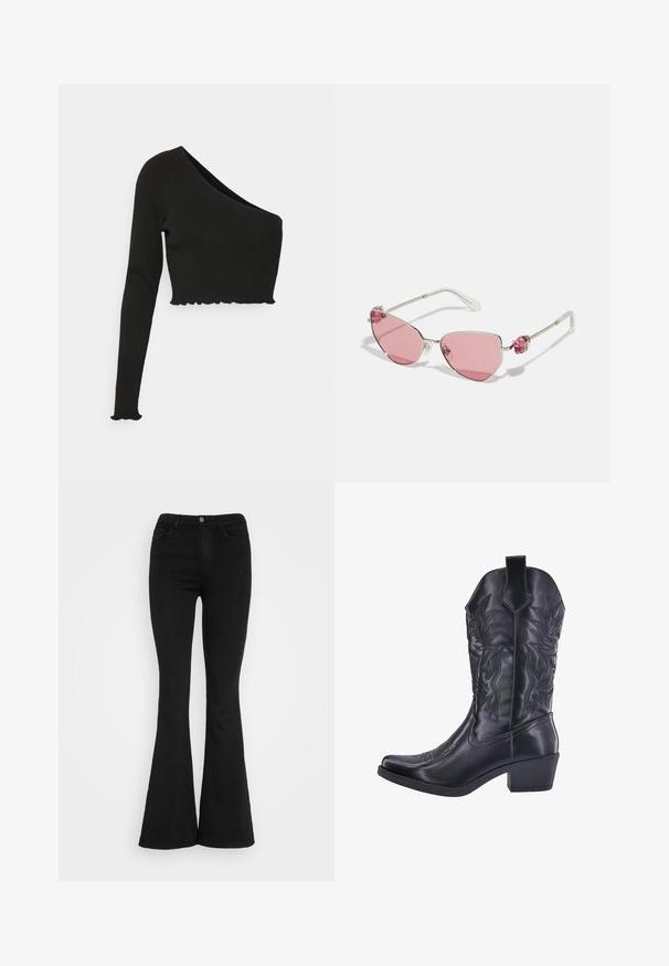 Monki Langærmet T-shirt - black; Sorte højtaljede flare jeans med frontknap og lynlås, to forlommer og bæltestropper på en hvid baggrund.; Sorte lædercowboystøvler med indviklede præget blomsterdesigns, spids tå og lav blokhælhæl. Har et trækstrop på skaftet.; Swarovski Solbriller - pink