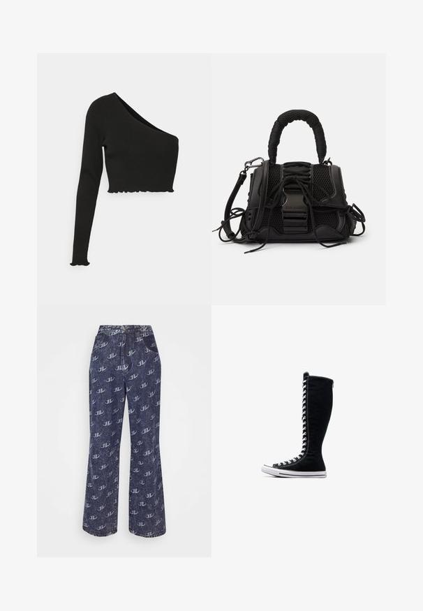 Monki T-shirt à manches longues - black; Jaded London BAGGY FIT EMBOSSED LOGO - Jean boyfriend - blue; Baskets montantes noires avec un design haut, réalisées en toile. Elles présentent des lacets blancs, des coutures et une semelle en caoutchouc avec un capuchon au niveau des orteils.; Sac à main noir avec un extérieur en maille, une poignée tissée et un laçage décoratif. Comprend une bandoulière amovible et des accents en matériel contrastants.