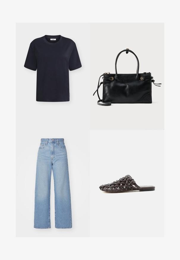 T-shirt noir uni à manches courtes et col rond, avec une petite étiquette en tissu sur le côté et une étiquette à l'intérieur du col.; Jean large taille haute bleu clair avec bouton et fermeture éclair à l'avant, poches avant et arrière, sur fond blanc.; Sandale plate noire avec dessus en cuir tressé et design à bout ouvert, posée sur une surface blanche.; Sac à main en cuir noir avec deux poignées supérieures, des sangles latérales réglables avec boucles, et une bandoulière amovible sur fond blanc.