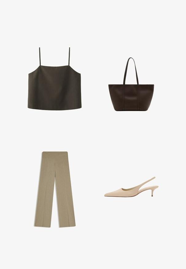 Haut caraco noir court avec fines bretelles, encolure droite et tissu simple à texture lisse.; Pantalon beige à jambes larges avec fines rayures verticales discrètes et une taille haute, posé à plat sur un fond blanc.; Escarpins slingback en cuir beige à bout pointu, talon kitten bas et finition lisse.; Grand sac cabas en cuir marron foncé avec deux longues anses, design simple, texture lisse et sans logo ou ornement visible.