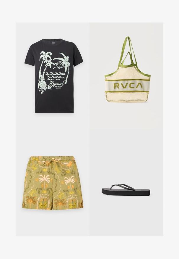 Camiseta negra con gráfico blanco de palmeras, olas, un pájaro, una tabla de surf y el texto "Rip Curl Quality Surf Products" en el frente.; Pantalones cortos de color verde oliva con cintura elástica y cordón, con estampados de palmeras y flores en naranja y amarillo, junto con los textos "sun" y "soleil".; Chancla de goma negra con suela plana, plantilla texturada y dos correas redondeadas. Diseño minimalista con un perfil elegante.; Bolso tote de malla beige con ribetes y asas en verde oliva, con el logo "RVCA" en el panel central sobre un fondo liso.