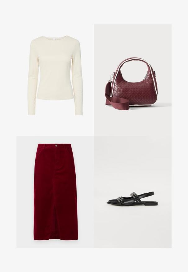Chemise ajustée à manches longues de couleur crème, avec un col rond et une texture lisse, présentée sur un fond blanc.; Jupe en velours côtelé bordeaux avec une coupe droite, fente avant, passants de ceinture et deux poches, dotée d'une fermeture à bouton à l'avant.; Even&Odd by Zalando Ballerines à brides arrière - black; Sac à main en cuir tressé marron foncé avec poignée courbée, garniture blanche, fermeture éclair argentée et bandoulière large en tissu amovible sur fond uni.
