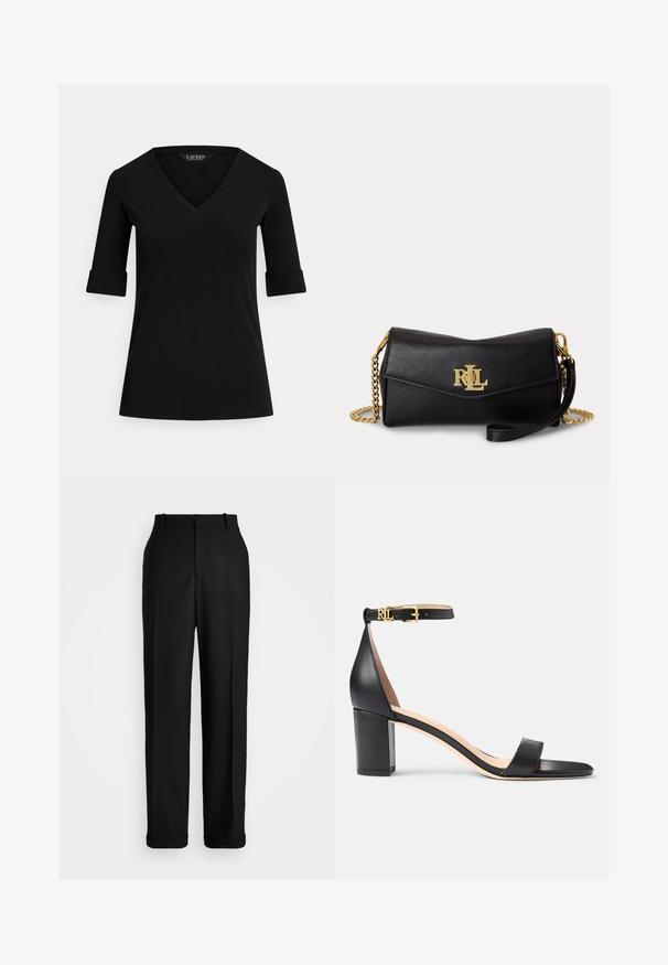 Čierne tričko s výstrihom do V a tromištvrte rukávmi, s vyhrnutými manžetami a hladkou textúrou látky. Štítok nesie nápis "LAUREN."; Polo Ralph Lauren HIGH RISE RELAXED STRAIGHT TROUSER - Nohavice - black; Lauren Ralph Lauren LOGAN BURNISHED LEATHER SANDAL - Sandále - black; Čierne kožené psaníčko so zlatým logom RLL vpredu, zlatým retiazkovým popruhom a odnímateľným koženým remienkom na zápästie na bielom pozadí.