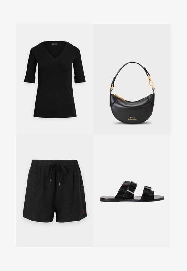 T-shirt noir à col en V avec manches trois-quarts, présentant des poignets retroussés et une texture de tissu lisse. L'étiquette indique "LAUREN."; Shorts noirs décontractés avec taille élastique et cordon, avec un petit logo rouge brodé sur le bas à gauche.; Sandales à enfiler en cuir noir avec deux larges brides et accents de boucles en argent. Semelle plate à texture lisse et design minimaliste.; Sac à main en cuir noir avec une silhouette courbée, fermeture éclair en métal et une courte poignée. Présente des éléments en or et un logo en relief à l'avant.