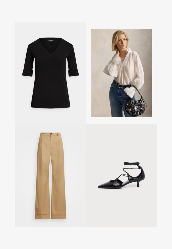 Camiseta negra de cuello en V con mangas tres cuartos, con puños enrollados y una textura de tela suave. La etiqueta dice "LAUREN."; Pantalones de pierna ancha beige con cierre de botón, que presentan una textura suave y pliegues planchados. Dobladillos con puños para un detalle adicional.; Zapato negro de tacón bajo tipo kitten con puntera puntiaguda, tiras alrededor del tobillo y detalles de recortes a los lados, mostrado sobre un fondo claro y liso.; Mujer con pelo corto y rubio, vestida con una blusa blanca y vaqueros azules, sosteniendo un bolso negro con tachuelas y una sola asa.