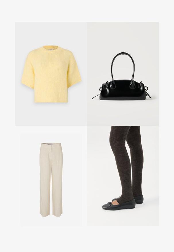 Jersey de algodón amarillo de manga corta, corte relajado, cuello redondo, textura suave, bordes acanalados y una silueta casual.; Pantalones de lino beige con diseño de pierna recta, que presentan una textura suave y un ligero brillo. Incluyen cinturilla y bolsillos frontales discretos.; Piernas con leggings oscuros acanalados combinados con bailarinas negras que presentan pequeños detalles de lazo sobre un fondo blanco.; Pequeño bolso negro brillante con dos asas largas y detalles de cordón lateral sobre un fondo claro liso.