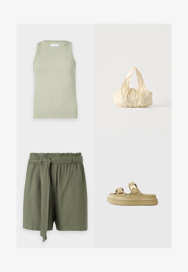 Top sin mangas verde claro con ribete y escote redondo. Presenta una textura suave y un corte ajustado, adecuado para usar en capas o de forma casual.; Pantalones cortos de color verde oliva fabricados con un tejido ligero, con una cintura alta, banda elástica y un detalle de cinturón atado para un ajuste ajustable.; Sandalias deslizantes beige con dos tiras ajustables y una hebilla de color dorado. Fabricadas en material sintético suave. Suela de goma texturizada.; Bolso de tela texturizada color crema con asas superiores y un pequeño detalle de lazo atado en el centro del frente.