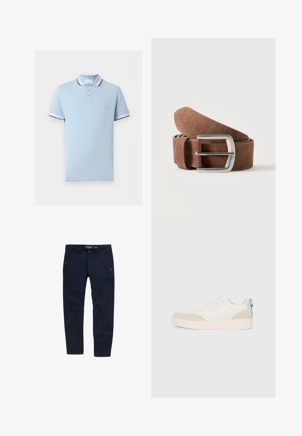 Hellblaues Polohemd mit kurzen Ärmeln, weißem und schwarz gestreiftem Kragen und Ärmelabschlüssen, Dreiknopf-Leiste und dezentem Brustlogo.; Marineblaue Baumwollhose mit geradem Schnitt. Verfügt über zwei Seitentaschen und einen Knopfverschluss. Minimalistisches Design mit dezenten Akzenten.; Weißer Sneaker mit beige Wildlederakzenten, flachen Schnürsenkeln und einer strukturierten Gummisohle. Enthält ein grünes Schlaufen-Detail an der Ferse.; Brauner Wildledergürtel, zusammengerollt mit silberner rechteckiger Metallschnalle auf schlichtem hellem Hintergrund.
