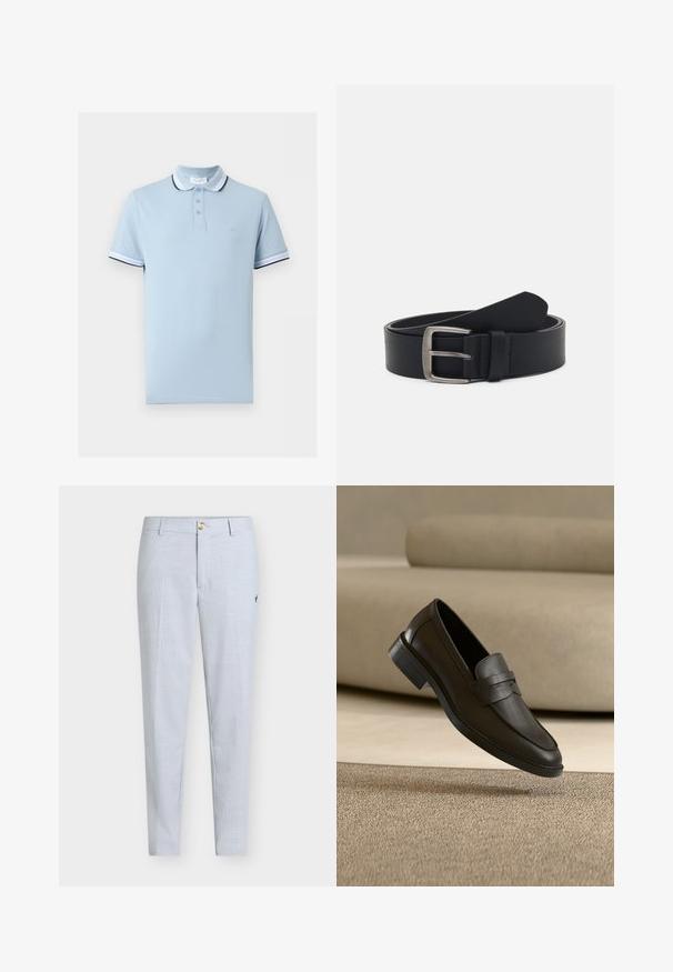 Polo bleu clair à manches courtes avec col et bordures de manches rayés blanc et noir, patte de boutonnage à trois boutons, et logo discret sur la poitrine.; Pantalon bleu clair en tissu texturé, présentant une coupe droite, une fermeture à boutons et un petit motif brodé sur le côté.; Chaussure loafer en cuir noir reposant sur un tapis beige avec un canapé beige courbé en arrière-plan.; Ceinture en cuir noir avec une boucle en métal argenté, présentant une finition lisse et un design classique. La ceinture est enroulée avec l'extrémité pointée.