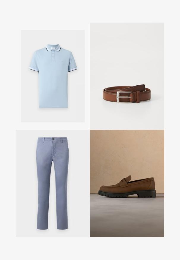 Lyseblå poloshirt med korte ærmer med hvide og sorte stribede krave- og ærmekanter, tre-knaps lukning og diskret brystlogo.; Lyseblå bomulds-chinos i slim fit med knaplukning, bælteløkker og sidelommer, glat tekstur og lige ben.; Mørkebrune læderloafer med tyk sort gummisål vist over en beige tæppe- og sofa baggrund.; Brun læderbælte med en glat overflade, præget af en sølvfarvet metalspænde og diskret syning langs kanterne. Klassisk og holdbart design.
