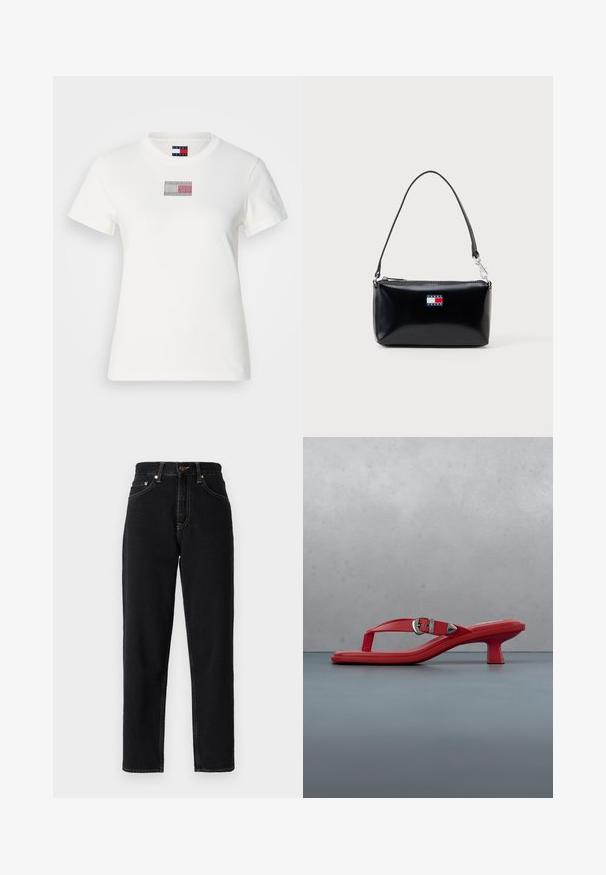 Weißes Baumwoll-T-Shirt mit einem kleinen grafischen Rechteck in Rot, Weiß und Blau. Kurze Ärmel und Rundhalsausschnitt.; Schwarze Jeans aus Denim mit geradem Bein, hoher Taille und Kontrastnähten. Verfügt über fünf Taschen und einen Reißverschluss.; Roter High-Heel-Sandalette mit Schnallenriemen, präsentiert auf Holzfliesen und kleinen Steinen, im Hintergrund eine grüne Pflanze und eine graue Wand.; Schwarze rechteckige Schultertasche mit kurzem Tragegurt und dem Tommy Jeans-Logo in Rot, Weiß und Blau auf der Vorderseite in der Mitte.