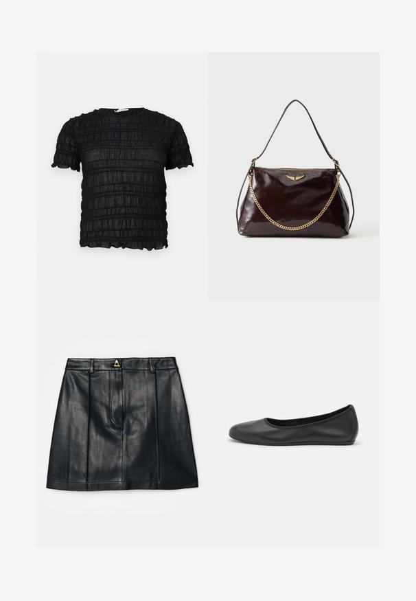 Zwart kortermig topje met gestructureerde, geplooide stof en een ronde hals, voorzien van subtiele horizontale en verticale patronen.; AERON RUDENS SKIRT - A-lijn rok - black; Zwarte leren ballerina met een ronde neus, gladde textuur, minimale stikdetails en een flexibele zoolontwerp.; Donkerbruine glanzende leren handtas met een gouden vleugelembleem, gouden kettinkdetail en een dunne leren schouderriem op een effen achtergrond.
