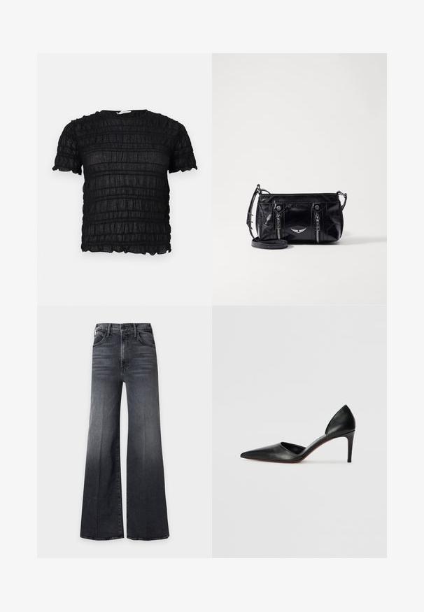 Sort kortærmet top med tekstureret, rynket stof og rund halsudskæring, med lette horisontale og vertikale mønstre.; Sort højtaljet bredbenet jeans med forlommer og knaplukning, med subtile falmninger og whiskering-detaljer.; Sorte læder højhælede pumps med spidse tæer, åbne sider og en slank silhuet. Har en tynd hæl og rød sål som accent.; Sort faux læder crossbody taske med lynlåslommer, et dekorativt sølv emblem og en justerbar rem. Glossy tekstur og kompakt form.