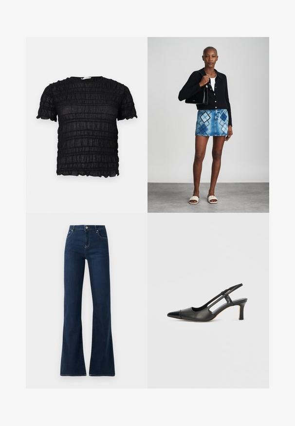 Sort kortærmet top med tekstureret, rynket stof og rund halsudskæring, med lette horisontale og vertikale mønstre.; Mørkeblå flagrende jeans med høj talje, lavet af denimstof. Har to forlommer og kontrastsyninger langs sømmen.; Sort læder slingback-sko med spids tå, der har en blank accent på tåhætten og en mellemhøj hæl. Åben sidesektion.; Sort striktrøje, hvid top, denimnederdel med blå og sort diamantmønster, sort håndtaske og beige slidesandaler.