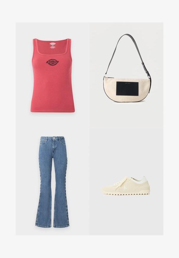 Rød ribbet tanktop med firkantet halsudskæring og sort Dickies-logo centreret på brystet, størrelse small.; Højtaljede, flagrende blå jeans lavet af denim med dekorative snører detaljer langs siderne og et klassisk fem-lomme design.; Beige ruskinds sneakers med hvide detaljer, tekstureret sål og et logo på siden. Har flade snørebånd og et klassisk, lavprofileret design.; Beige halvmåne skuldertaske med justerbar sort rem og rektangulært sort mærke foran.