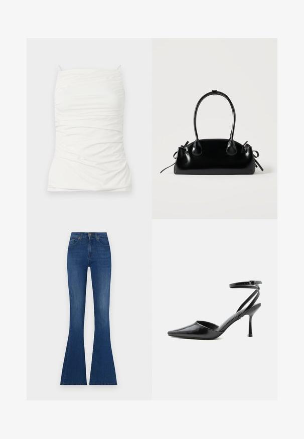 Haut sans manches blanc en tissu lisse, présentant une silhouette ajustée avec des détails froncés et des bretelles réglables.; Jean flare en denim bleu foncé, taille haute avec un haut ajusté et des bas évasés larges, comportant un léger effet délavé et une couture classique.; Escarpin noir à bout pointu avec fines brides de cheville et fermeture à boucle argentée sur fond clair uni.; Petit sac à main noir brillant avec deux longues anses et des détails à cordon sur les côtés sur un fond clair uni.