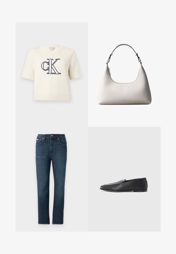 Witte korte mouw gebreide trui met geribde zoom en manchetten, voorzien van een groot marineblauw "cK" logo geborduurd op de voorkant.; Donkerblauwe spijkerbroek met een rechte pasvorm, voorzakken, een knoopsluiting en subtiele stikseldetails op de tailleband.; Zwarte leren loafers met een gladde textuur, een afgeronde neus en subtiele stiksel details. Voorzien van een gouden logomerk aan de bovenzijde.; Romige Calvin Klein leren schoudertas met gebogen bovenrand, zilveren rits en donkerbruine verstelbare riem.