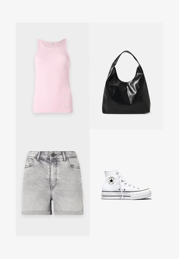Top de tirantes de color rosa con cuello redondo y diseño sin mangas. La textura de la tela es suave y ajustada, con un dobladillo limpio.; Pantalones cortos de denim gris con dobladillos enrollados, diseño de cinco bolsillos y cierre central con botón. Textura suave con ligeros detalles de desvanecimiento.; Zapatilla blanca de caña alta Converse Chuck Taylor All Star con parche de logo negro y cordones blancos, presentada sobre fondo blanco.; Bolso hobo de cuero negro con una textura suave y brillante y un diseño de parte superior redondeada y abierta. Cuenta con una amplia correa curvada para llevar. Sin hardware visible.