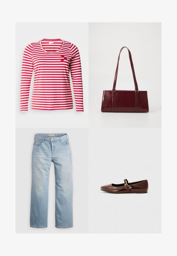 Top met lange mouwen in rood-witte strepen. Heeft een ronde halslijn en drie kleine vilten hartaccenten op de borst. Zachte stof.; Lichtblauwe wijde jeans van denim. Heeft een hoge taille, vijf zakken en contrasterende stiksels. Gladde textuur met een vervaagde afwerking.; Bruine gepatineerde leren balletschoen met een vierkante neus en een bandje met een kleine gouden gesp. Gladde textuur, lage hak en minimalistisch ontwerp.; Bourgondische handtas van glanzend materiaal, rechthoekige vorm, met twee schouderbanden en subtiele gebogen accenten aan de voorkant.
