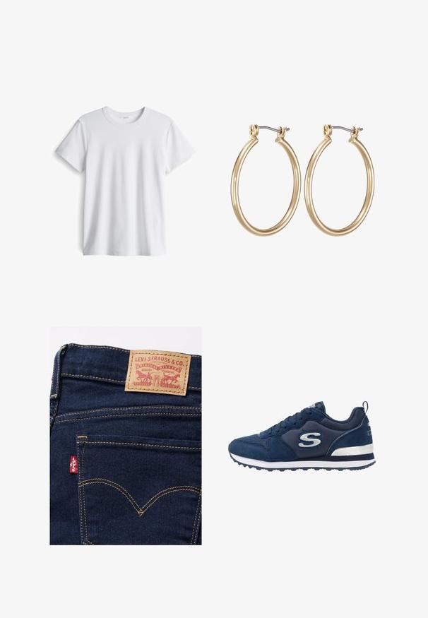 Witte katoenen t-shirt met een ronde halslijn en korte mouwen. Zachte textuur, rechte snit, geen zichtbare logo's of patronen.; Donkerblauwe spijkerbroek van denim met een tan lederen label met rode bedrukte tekst en ontwerp. Bevat het rode Levi's-logo op de achterzak.; Marineblauwe sportschoen van suede en mesh materialen, met een opvallend zilveren logo, gestructureerde bovenkant en een witte tussenzool.; Gouden metalen ring oorbellen met een glad, rond ontwerp en een veilige scharnier sluiting. Lichtgewicht met een gepolijste afwerking.