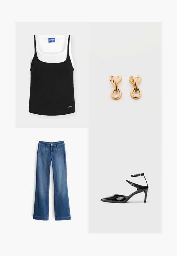 Twee geribbelde tanktops, één zwarte over een witte, beide met ronde halzen en een klein "HUGO" merklabel.; Vervaagde blauwe denim wijde pijpen jeans met een knoopsluiting, riemlussen en twee achterzakken. Soepele textuur met een klassieke vijf-pocket ontwerp.; Zwarte laarzen van gepatenteerd leer met een spitse neus, verstelbare enkelbandjes en een slanke hak. Gladde textuur met een glanzende afwerking.; Een paar glanzende oorringen in goudkleur met een lusvormige, gedraaide en verstrengelde ontwerp, afgebeeld op een eenvoudige witte achtergrond.