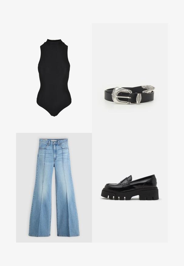 Ærmeløs sort ribbet bodysuit med høj hals og tætsiddende silhuet.; Lyseblå højtaljede jeans med brede ben, for- og baglommer, bæltestropper og lodrette sømdetaljer fortil.; Sorte læder loafers med en chunky, tekstureret platformssål og en dekorativ rem over toppen. Glat, blank finish.; Sort læderbælte med en stor sølvmetalspænde, der har indviklede detaljer og dekorative accenter i begge ender.