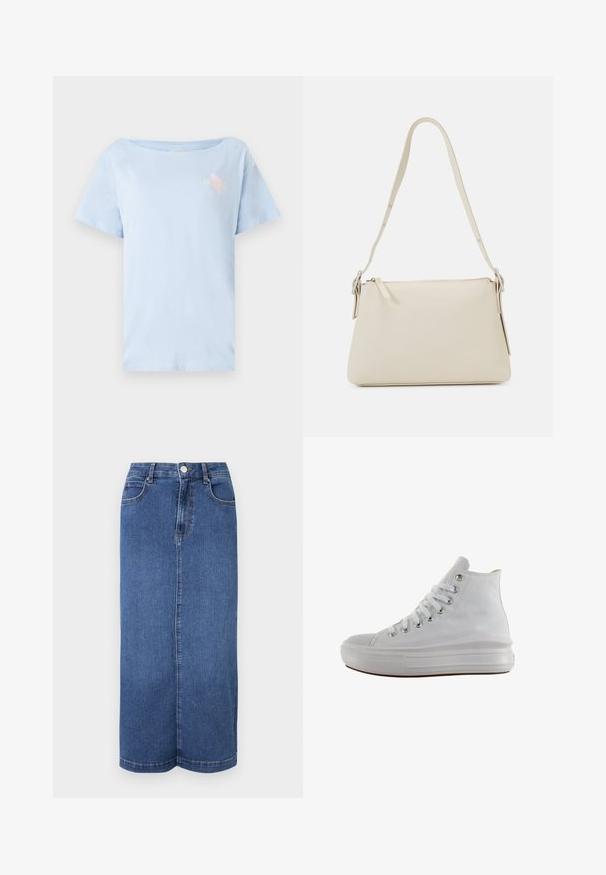 Lichtblauw katoenen t-shirt met een ontspannen pasvorm, ronde halslijn en korte mouwen. Heeft een klein grafisch ontwerp op de borst.; Denim maxi rok in donkerblauw, met een rechte snit, een tailleband met knoopsluiting en minimale stikdetails.; Witte hoge canvas sneaker met witte veters, metalen oogjes, dikke rubberen zool en gestructureerde neuskap, naar links gericht op een witte achtergrond.; Beige schoudertas van glad leer met een ritsluiting. Kenmerkt zich door een eenvoudig ontwerp, een slanke schouderband en metalen hardwareaccenten.