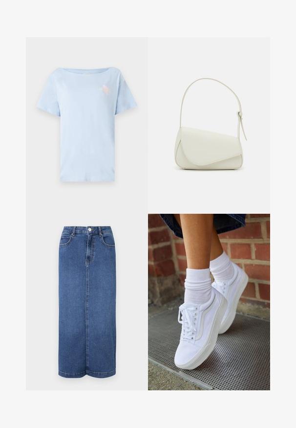 Lichtblauw katoenen t-shirt met een ontspannen pasvorm, ronde halslijn en korte mouwen. Heeft een klein grafisch ontwerp op de borst.; Denim maxi rok in donkerblauw, met een rechte snit, een tailleband met knoopsluiting en minimale stikdetails.; Witte canvas sneakers met rubberen zolen, voorzien van zes vetertjes, een ronde neus en lichte stikdetails, gecombineerd met witte enkelsokken.; Witte nepleren handtas met een gestructureerde driehoekige vorm, een enkele verstelbare schouderriem en een klep met ronde accenten.