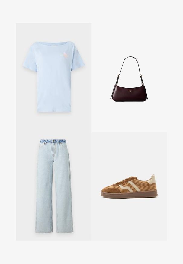 Lysblå bomulds t-shirt med løs pasform, rund halsudskæring og korte ærmer. Har et lille grafisk design på brystet.; Lysblå vid jeans med en falmet vask, med en kontrasterende blå denimlivrem og en traditionel fem-lomme design.; Brun ruskind og kordfløjls sneaker med beige bølgede striber, snørebånd og en gummisål på hvid baggrund, sidebeskåret view.; Mørk bordeaux læderhåndtaske med en tynd sort skulderrem og lille gyldent "cK" logo foran i midten.