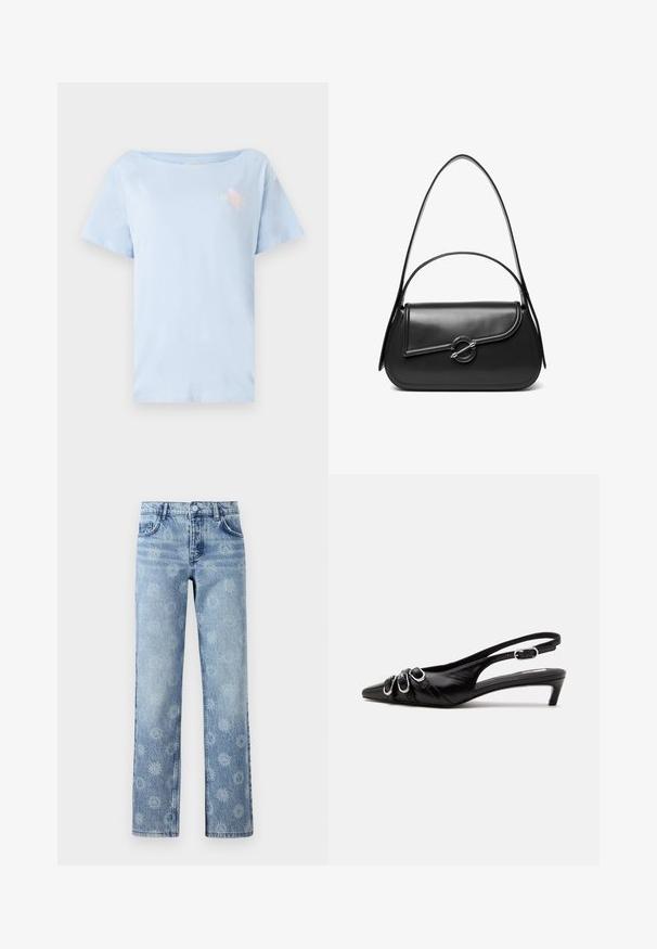 Lichtblauw katoenen t-shirt met een ontspannen pasvorm, ronde halslijn en korte mouwen. Heeft een klein grafisch ontwerp op de borst.; Lichtblauwe denim jeans met een licht vervaagde afwerking, voorzien van een bloemenpatroon, vijf zakken en een recht gesneden pijp.; Zwarte leren slingback schoen met puntige neus, drie zilveren gespen aan de voorkant en lage kittenhak op witte achtergrond.; Zwarte leren schoudertas met een gebogen klep die is bevestigd met een ronde metalen sluiting en een smalle, verstelbare band.