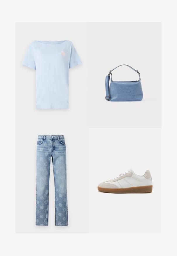 Helles blaues Baumwoll-T-Shirt mit lockerem Schnitt, rundem Halsausschnitt und kurzen Ärmeln. Mit einem kleinen grafischen Design auf der Brust.; Hellblaue Jeans aus Denim mit einem leicht ausgebleichten Finish, blumigem Muster, fünf Taschen und geradem Beinschnitt.; Weiße Leder-Sneaker mit beige Suede-Akzenten, strukturiertem Zungenbereich und Gummisohle. Verfügt über weiße Schnürsenkel und dezente eingestickte Details.; Hellblaue Handtasche mit Krokodilleder-Prägung, kurzem Griff und abnehmbarem Schulterriemen. Glatte Textur mit Reißverschlussverschluss.