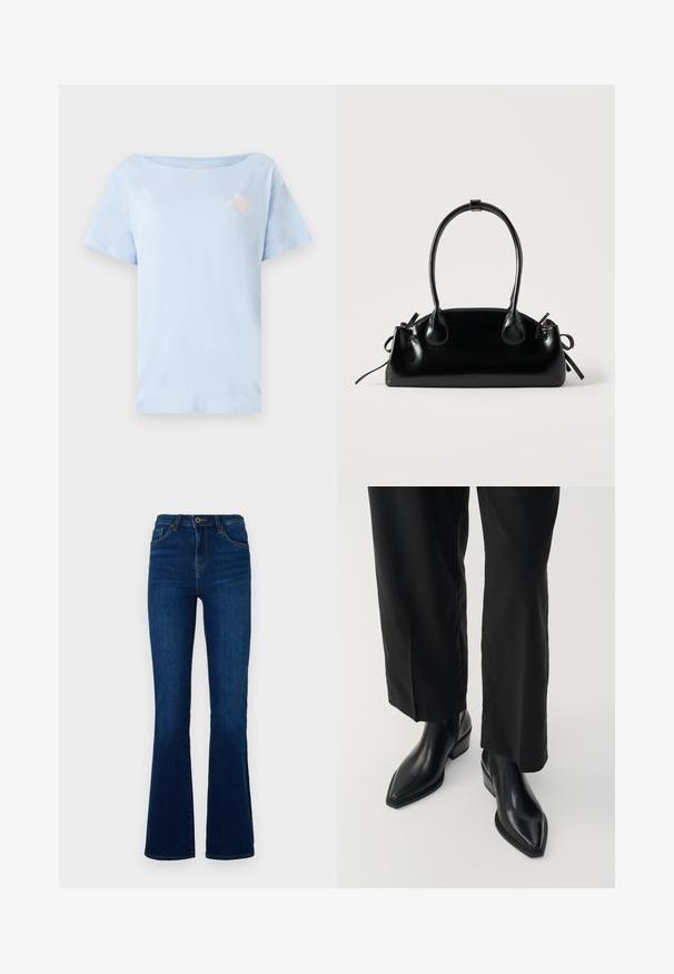 Lysblå bomulds t-shirt med løs pasform, rund halsudskæring og korte ærmer. Har et lille grafisk design på brystet.; Mørkeblå flared jeans lavet af denim med høj talje, der har forlommer, lynlås og subtile syninger.; Sorte læder ankelstøvler med spids tå, glat tekstur og firkantet hæl. Kombinationen med sorte, vide bukser skaber en slank silhuet.; Lille sort blank håndtaske med to lange håndtag og snøre-detaljer i siden på en ensfarvet lys baggrund.