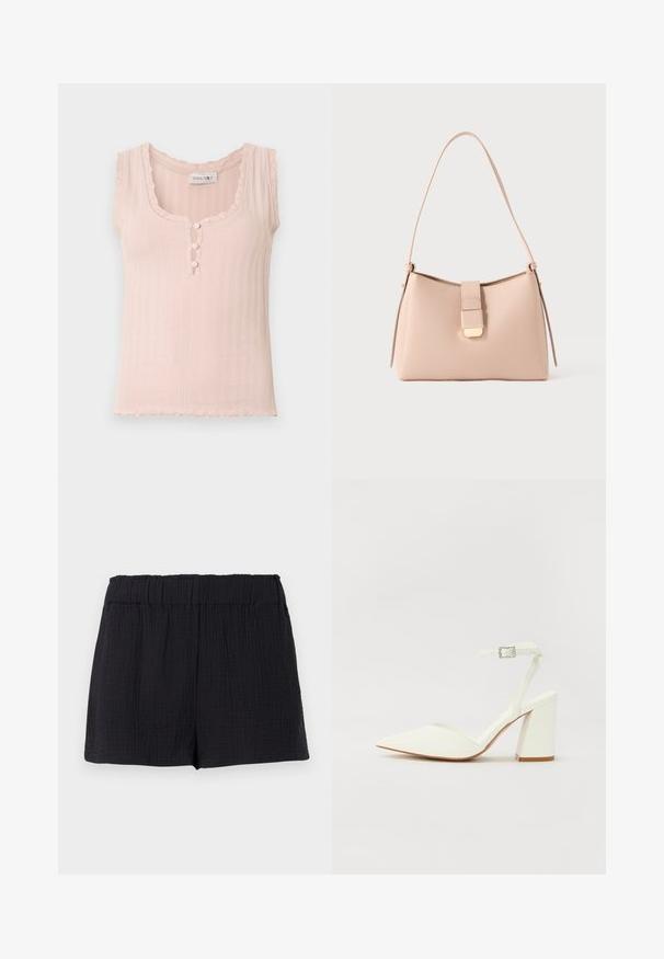 Haut sans manches rose pâle côtelé avec bordure en dentelle festonnée, col rond et trois boutons recouverts de tissu au centre devant.; Shorts en tissu noir texturé avec une taille élastique et une coupe ample et décontractée.; Sandale blanche à talon avec un bout pointu, sangle de cheville réglable et un talon carré épais. Texture lisse avec des détails de couture minimaux.; Sac à main rose clair avec une forme incurvée, fabriqué en matériau texturé. Doté d'une sangle plate et d'un détail de fermeture à rabat dorée sur le devant.