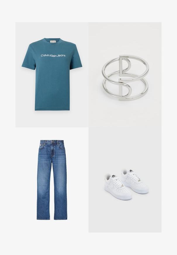 Turquoise katoenen T-shirt met korte mouwen en een ronde hals. Heeft witte tekst "Calvin Klein Jeans" over de borst. Soepele textuur.; Blauwe rechte spijkerbroek met knoop- en ritssluiting aan de voorkant, riemlussen en ontwerp met vijf zakken.; Witte Nike Air Force 1 sneakers met een glad leren bovenwerk, geperforeerde teenbox, witte veters en zwarte branding op de tong.; Zilveren metalen armband met een dubbel-lusontwerp, voorzien van een gladde, glanzende afwerking en een minimalistisch geometrisch accent.