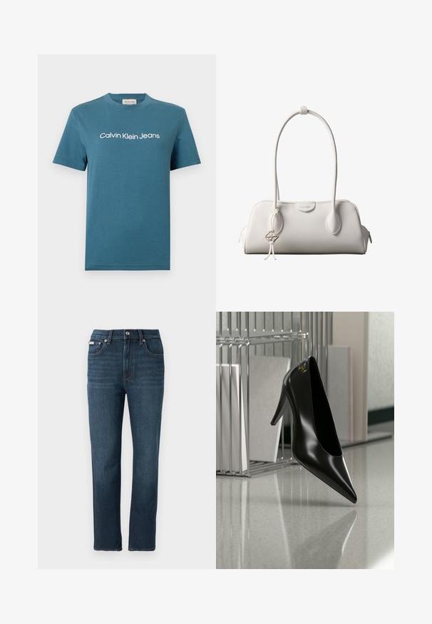 Türkisfarbenes Baumwoll-T-Shirt mit kurzen Ärmeln und rundem Halsausschnitt. Weißer Schriftzug „Calvin Klein Jeans“ quer über der Brust. Glatte Textur.; Dunkelblaue Jeans aus Denim mit geradem Bein, Fronttaschen, Knopfverschluss und zarten Stickdetails am Bund.; Schwarzer High-Heel-Schuh mit spitzer Zehe und goldem Logo, auf einer reflektierenden Oberfläche nahe einem verchromten Draht-Organizer mit Dokumenten positioniert.; Weiße Calvin Klein Schultertasche mit langen Griffen, rechteckiger Form, Reißverschluss und dekorativem Logo-Anhänger, der in der Nähe des Griffs hängt.