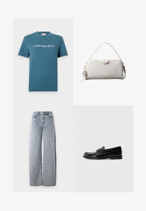 Turquoise katoenen T-shirt met korte mouwen en een ronde hals. Heeft witte tekst "Calvin Klein Jeans" over de borst. Soepele textuur.; Licht gewassen denim wijde pijpen jeans met een hoge tailleband, voorzien van voorzakken, riemlussen en contrasterende stiksels.; Zwarte leren instappers met een ronde neus, decoratieve stiksels en een kleine gouden accent op de wreef. Platte rubberen zool, strak design.; Witte rechthoekige Calvin Klein handtas met enkele handgreep, minimalistisch ontwerp en decoratieve kwastjes met geometrische metalen hanger aan de zijkant.