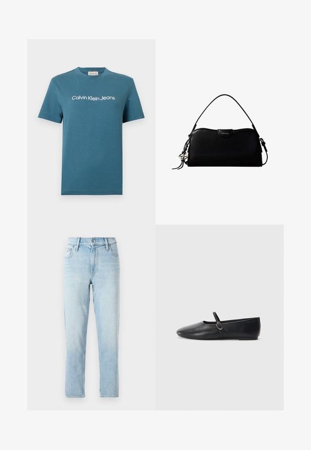 Turquoise katoenen T-shirt met korte mouwen en een ronde hals. Heeft witte tekst "Calvin Klein Jeans" over de borst. Soepele textuur.; Lichtblauwe denim jeans, recht gesneden design, middelhoog taille, met vijf-vaks stijl en een knoopsluiting aan de voorkant.; Zwarte leren balletschoenen met een spitse neus, platte zool en een kleine strap met een zilveren gespsluiting.; Zwarte rechthoekige Calvin Klein handtas met enkele bovenriem, zilveren logo-ornament en een kleine klepsluiting aan de voorkant.