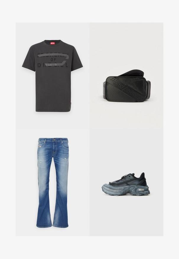 Camiseta de algodón gris con texto negro en negrita que dice "PROPIEDAD DE D.I.E.S.E.L.", textura suave y mangas cortas.; Vaqueros bootcut desgastados en azul con ligero desgarro en los muslos delanteros y diseño clásico de cinco bolsillos sobre fondo blanco.; Zapatilla Diesel en negro y gris con suela gruesa, cierre de cordón y diseño texturizado sobre un fondo liso de color gris claro.; Cinturón negro con un diseño texturizado y un logotipo en relieve prominente. El material parece suave con un acabado similar al cuero.