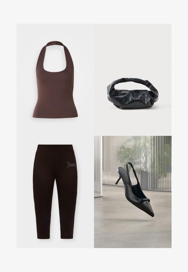 Haut halter sans manches marron avec encolure dégagée. Fabriqué en tissu lisse et extensible, il présente une silhouette ajustée et aucune fermeture visible.; Leggings noirs ajustés avec une taille haute et un petit logo "Juicy" en strass sur la partie supérieure de la cuisse gauche.; Chaussure à talon haut à bride arrière en cuir noir texturé avec un bout pointu et une petite boucle décorative, flottant au-dessus d'un sol lisse.; Sac noir en matériau texturé et brillant avec une poignée circulaire torsadée et une fermeture éclair. Présente un design doux et froissé.