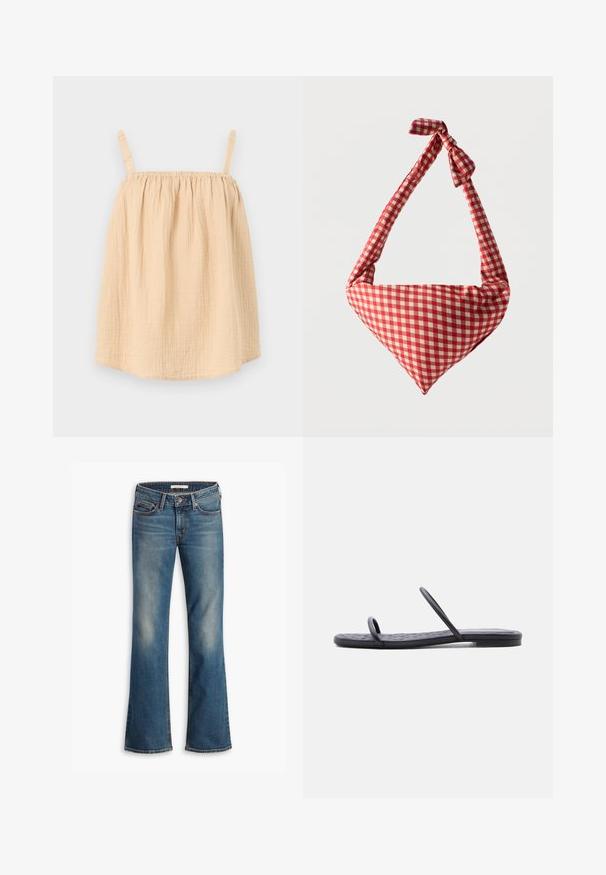 Haut beige clair sans manches avec fines bretelles froncées et tissu ample texturé.; Jeans bootcut en denim bleu avec cinq poches et une fermeture à bouton, présentant des zones décolorées sur les cuisses et les genoux.; Sandale plate noire avec semelle fine matelassée et deux fines brides sur les orteils et le milieu du pied, présentée de profil sur fond blanc.; Sac d'épaule en tissu doux à motif à carreaux rouges et blancs, poignée nouée et forme triangulaire sur un fond uni.