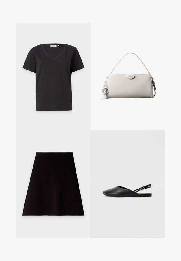 Camisa de algodón negra con cuello en V y mangas cortas. Diseño simple con un corte regular y sin patrones ni acentos.; Falda mini negra en corte A, fabricada en un tejido suave con un diseño limpio y sencillo. Presenta un dobladillo recto y sin patrones ni adornos visibles.; Zapatos de cuero negro tipo slingback con punta afilada, diseño curvado y correa ajustable con hebilla. Textura suave, suela plana y detalles mínimos.; Bolso rectangular blanco de Calvin Klein con un solo asa, diseño minimalista y borlas decorativas con un charm metálico geométrico en el lateral.