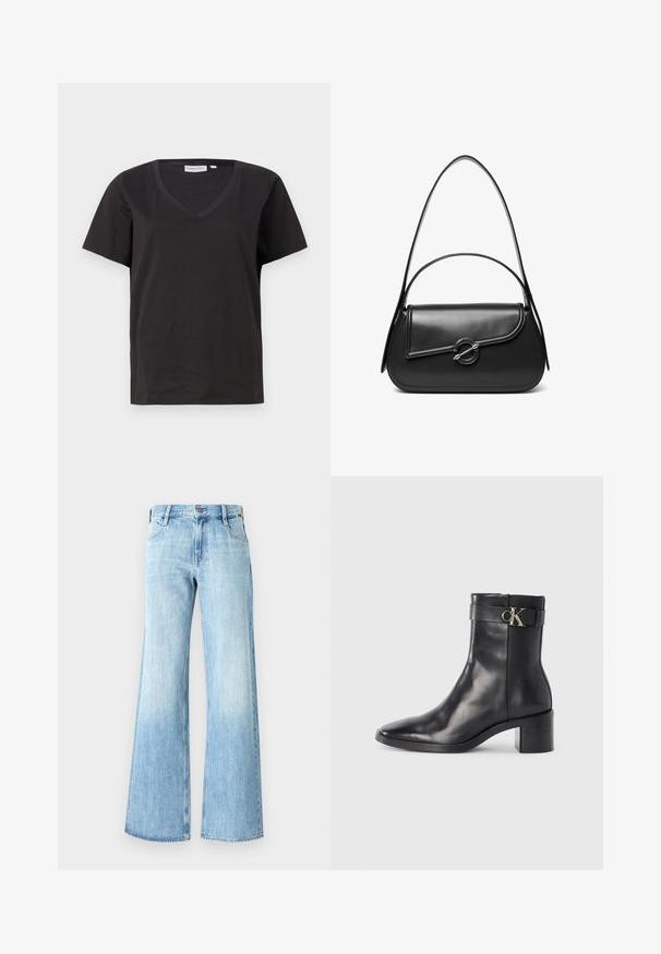 Schwarzes Baumwoll-T-Shirt mit V-Ausschnitt und kurzen Ärmeln. Einfaches Design mit normalem Schnitt und ohne Muster oder Akzente.; Helle blaue Denim-Jeans mit weitem Bein, hoch geschnitten, klassischer Fünf-Taschen-Design und Knopfverschluss, mit einer leichten Ausbleichung nahe dem Saum.; Schwarze Leder-Ankle Boots mit spitzem Zehenbereich, Blockabsatz und einem Riemen mit einem metallischen Logodetail. Glatte Textur und minimales Design.; Schwarze Lederschultertasche mit einer geschwungenen Klappe, die durch einen runden Metallverschluss gesichert ist, und einem schlanken, verstellbaren Riemen.