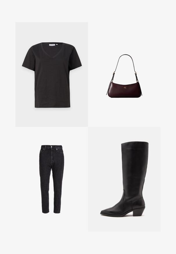 Sort bomulds T-shirt med V-hals og korte ærmer. Enkel design med regular fit og ingen mønstre eller accenter.; Sorte denim jeans med høj talje, tapered ben og et klassisk fem-lomme design. Stofteksturen er let struktureret og robust.; Sort læderstøvle til midtkalv med spids tå og lavt skråt hæl på en enkel lys baggrund.; Mørk bordeaux læderhåndtaske med en tynd sort skulderrem og lille gyldent "cK" logo foran i midten.