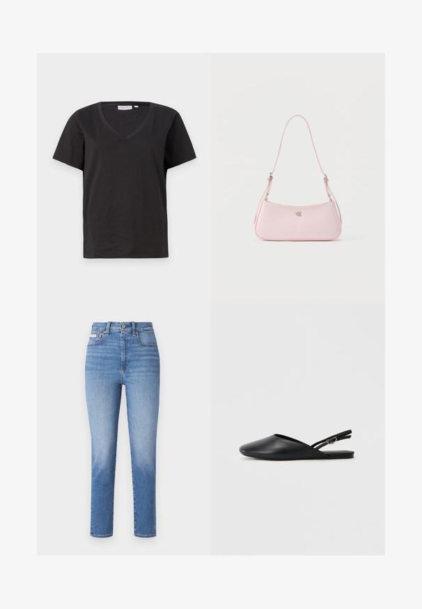 Sort bomulds T-shirt med V-hals og korte ærmer. Enkel design med regular fit og ingen mønstre eller accenter.; Lyseblå denimjeans med høj talje, lige ben og subtile lysninger. Har bæltestropper, fem lommer og lukning med metalknap.; Sorte læderslippers med spids tå, buet design og justerbar spænde. Glat tekstur, flad sål, minimalistisk detaljering.; Lille skuldertaske i pastelrosa med tynd rem og sølvfarvet "CK" logo centreret på ensfarvet baggrund.