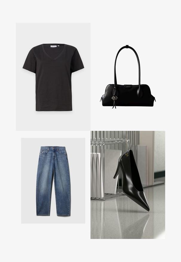 Sort bomulds T-shirt med V-hals og korte ærmer. Enkel design med regular fit og ingen mønstre eller accenter.; Blå denim jeans med en afslappet pasform, der har fem lommer, kobbernitter og en fadet vask. Lige ben med en ren kant.; Sort højhælet sko med spids tå og guldlogo, placeret på en reflekterende overflade nær en krom trådfilholder med dokumenter.; Sort lædertaske fra Calvin Klein med lang skulderrem, lynlåse på siderne og en dekorativ vedhæng, der hænger fra den ene rem.