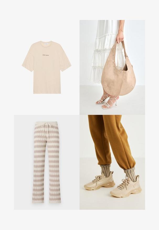 T-shirt en coton beige à coupe décontractée, avec des manches courtes et un col rond. Inscription "Positive Sincere" imprimée en noir sur le devant.; Pantalons d'intérieur tricotés avec des rayures verticales beige et crème, dotés d'une taille à cordon et d'une texture tricotée ouverte.; Chaussures de sport beiges avec tige en mesh, paillettes décoratives et semelle en caoutchouc épaisse. Associées à des chaussettes beiges rayées et un pantalon de jogging marron.; Sac hobo en daim couleur fauve avec des clous argentés le long du bord supérieur, présentant une forme arrondie et une seule bandoulière, tenu par une personne.