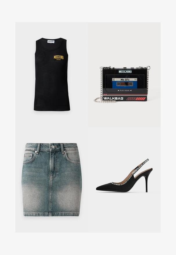 Camiseta sin mangas negra con bordes acanalados y un parche con el logo amarillo "Moschino Jeans" en el pecho izquierdo.; Falda mini de mezclilla azul con botón y cremallera en el frente, dos bolsillos frontales y detalles desgastados en los muslos.; Zapato negro de tacón alto tipo slingback con punta puntiaguda, tacón de aguja fino y texto "LOVE MOSCHINO" en la correa y el borde.; Bolso rectangular negro de Moschino con forma de cinta de casete vintage con correa de cadena plateada y etiqueta de cinta "Mix 80's".